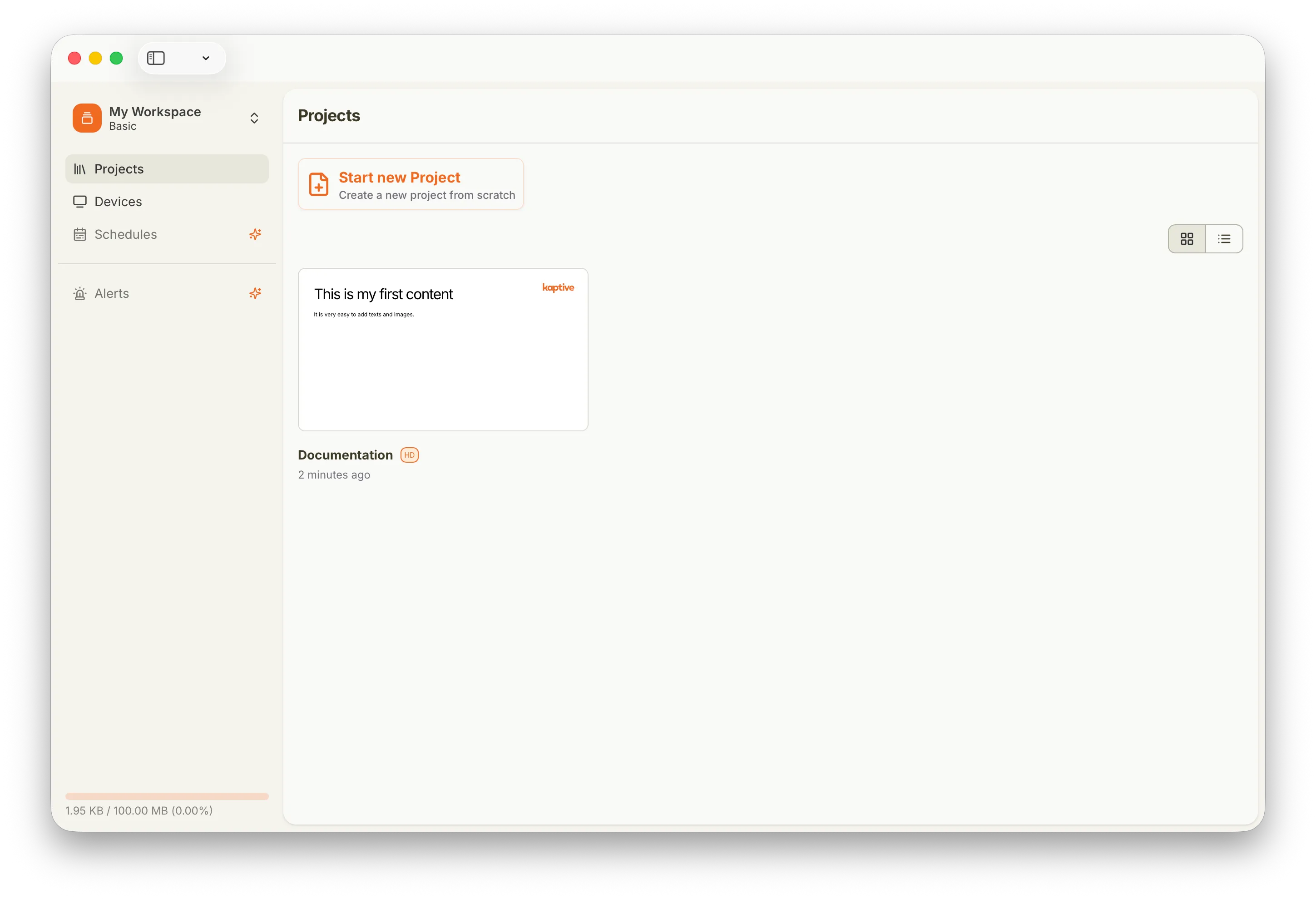 Projects page of the Workspace.