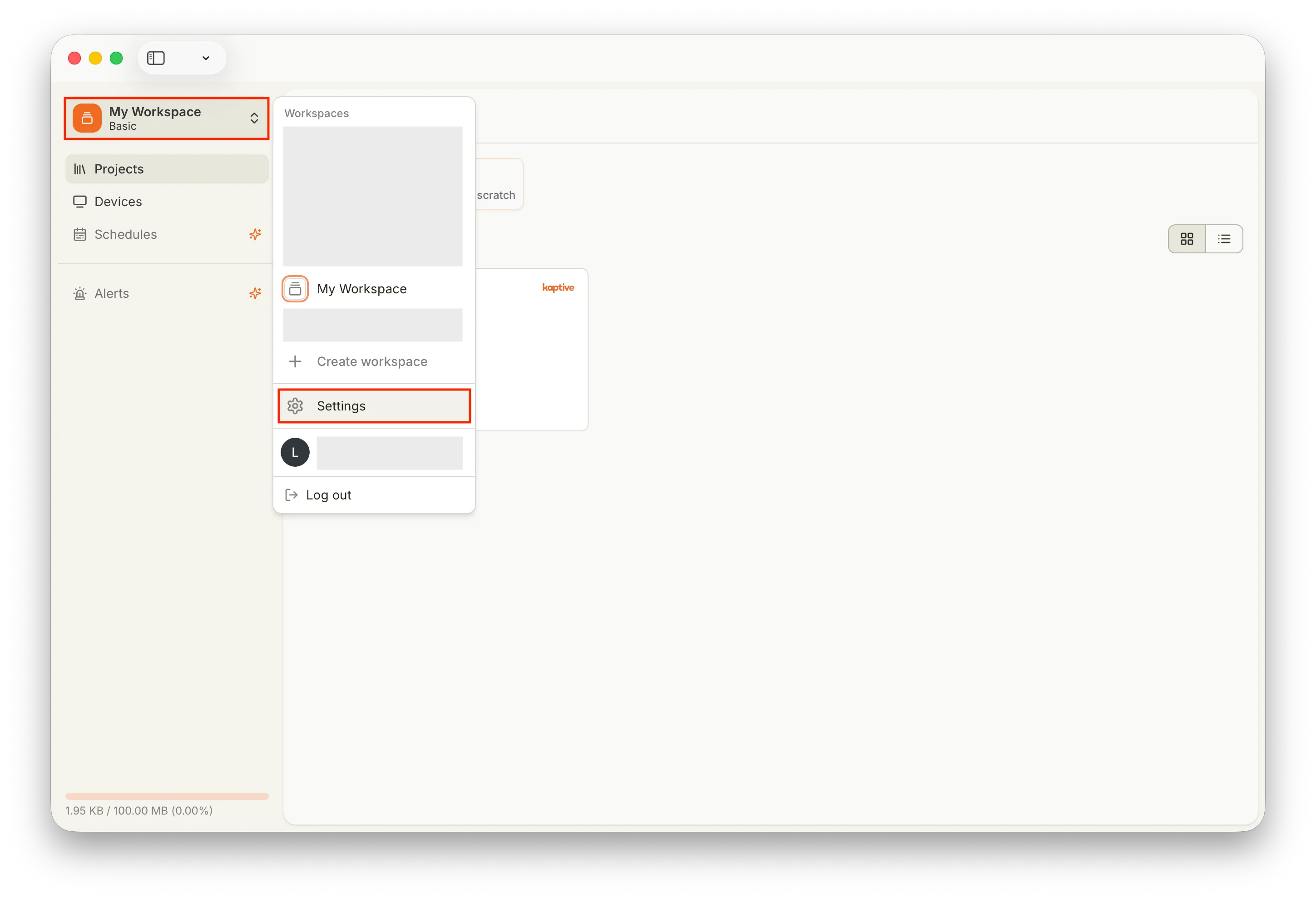 Dropdown menu with the Settings option.