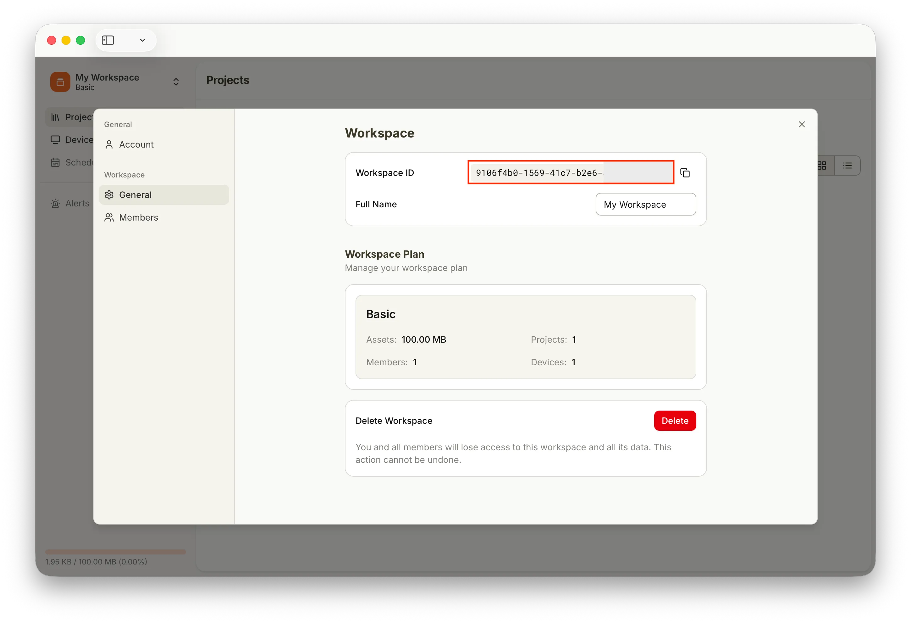 Settings page showing the Workspace ID.