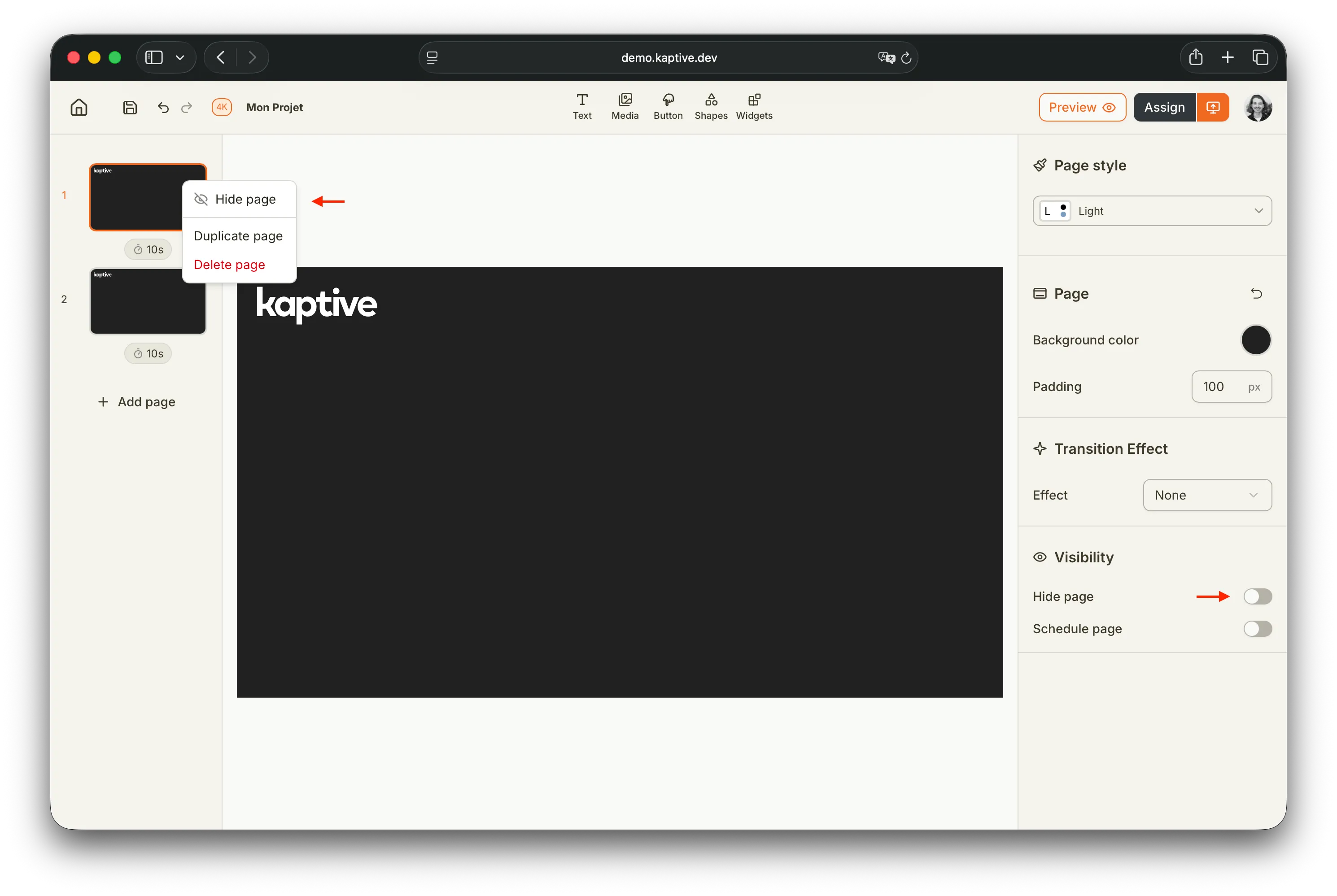 Hide project page.